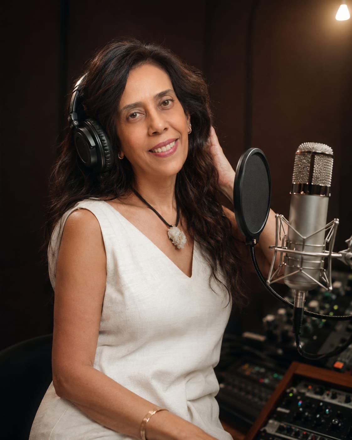 Valéria Campos em estúdio de gravação profissional